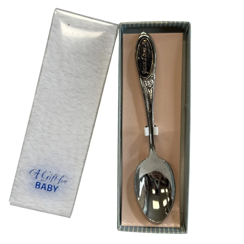 Vintage Silver Tone Jesus Loves‎ Me Baby Spoon Keepsake with Box